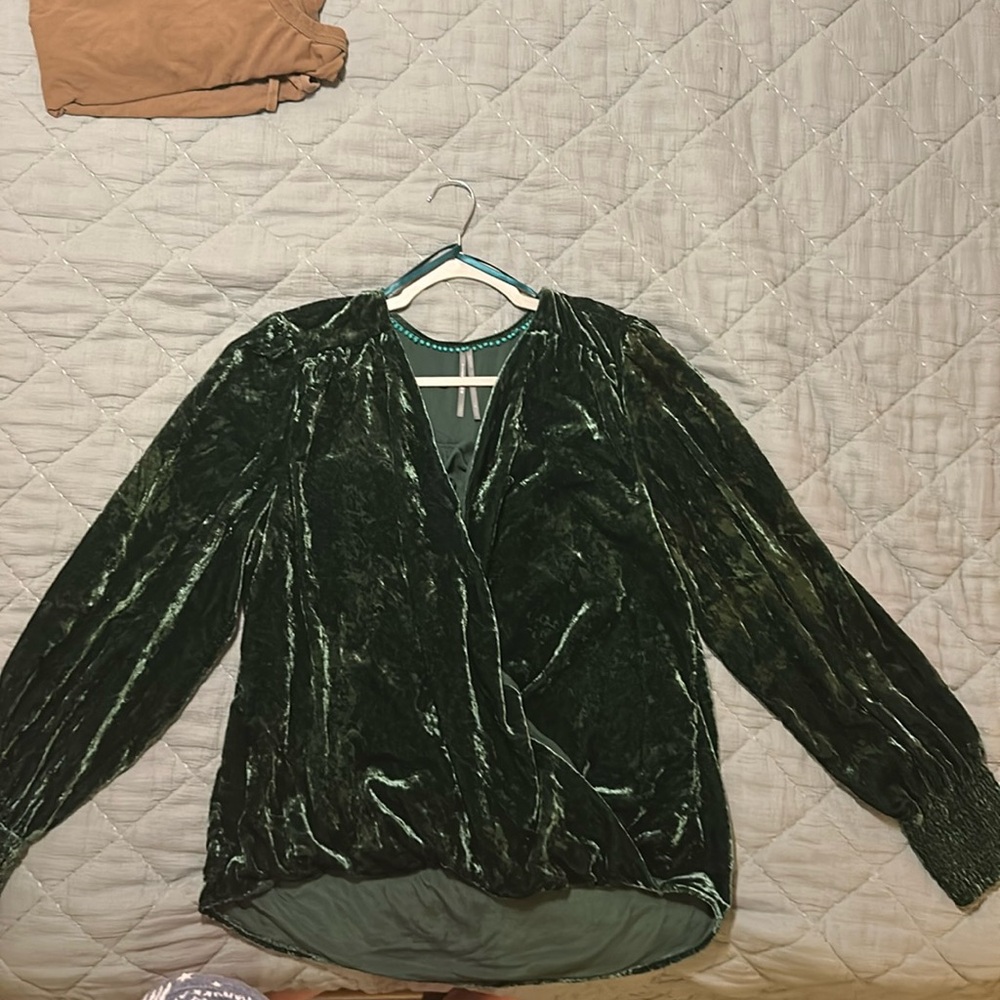 Jade green velvet Anthropologie long sleeve top